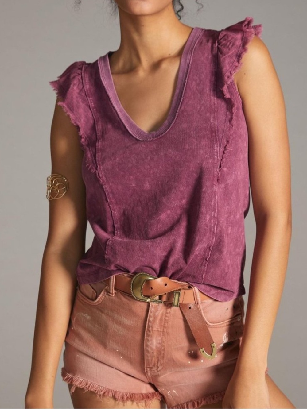 Pilcro Ruffle Scoop Neck Acid Wash Tshirt, XS